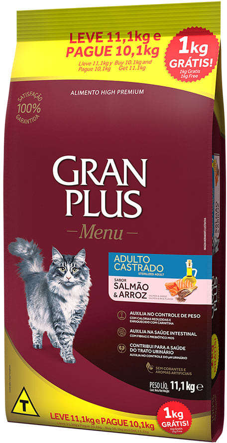 Ração GranPlus Salmão e Arroz para Gatos Castrados - 10,1Kg