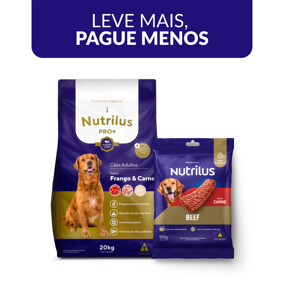 Kit Ração Seca e Bifinho Nutrilus para Cães Adultos - (20kg + 500g)