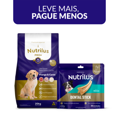 Kit Ração Seca e Petisco Dental Stick Nutrilus para Filhotes Raças Médias e Grandes - (20kg + 30unidades)