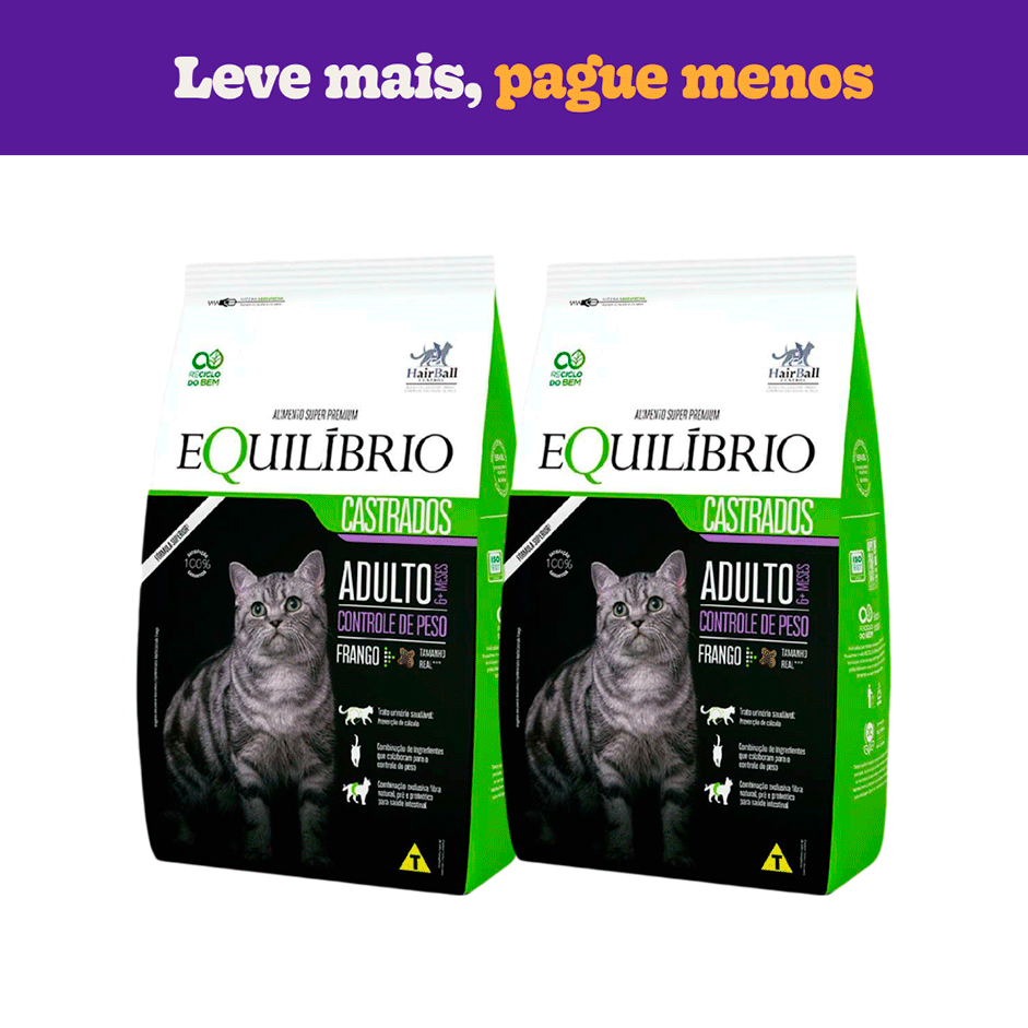 Kit Ração Seca Equilíbrio Frango para Gatos Castrados - 15Kg