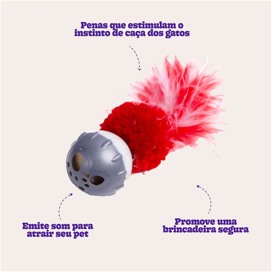 Brinquedo Kroco Bolinha Pelúcia com Penas Vermelho para Gatos - Tam. Único
