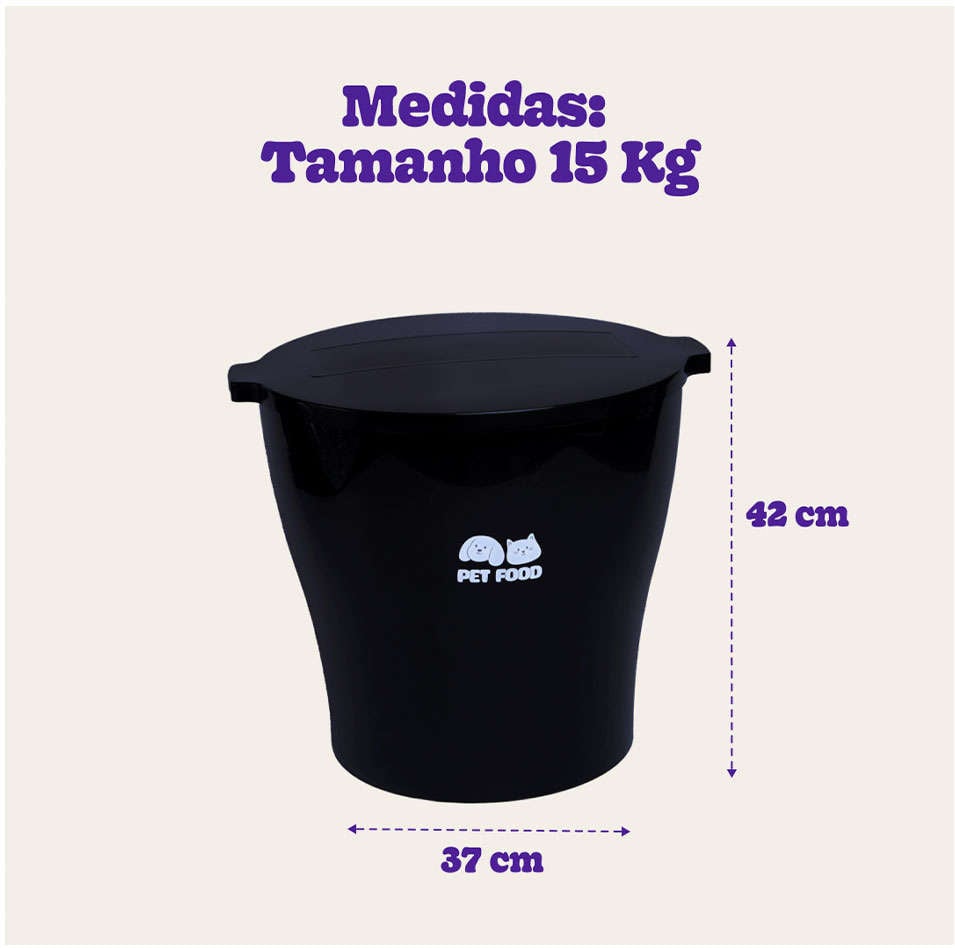Porta Ração Kroco Redondo Pet Food Preto - 15Kg