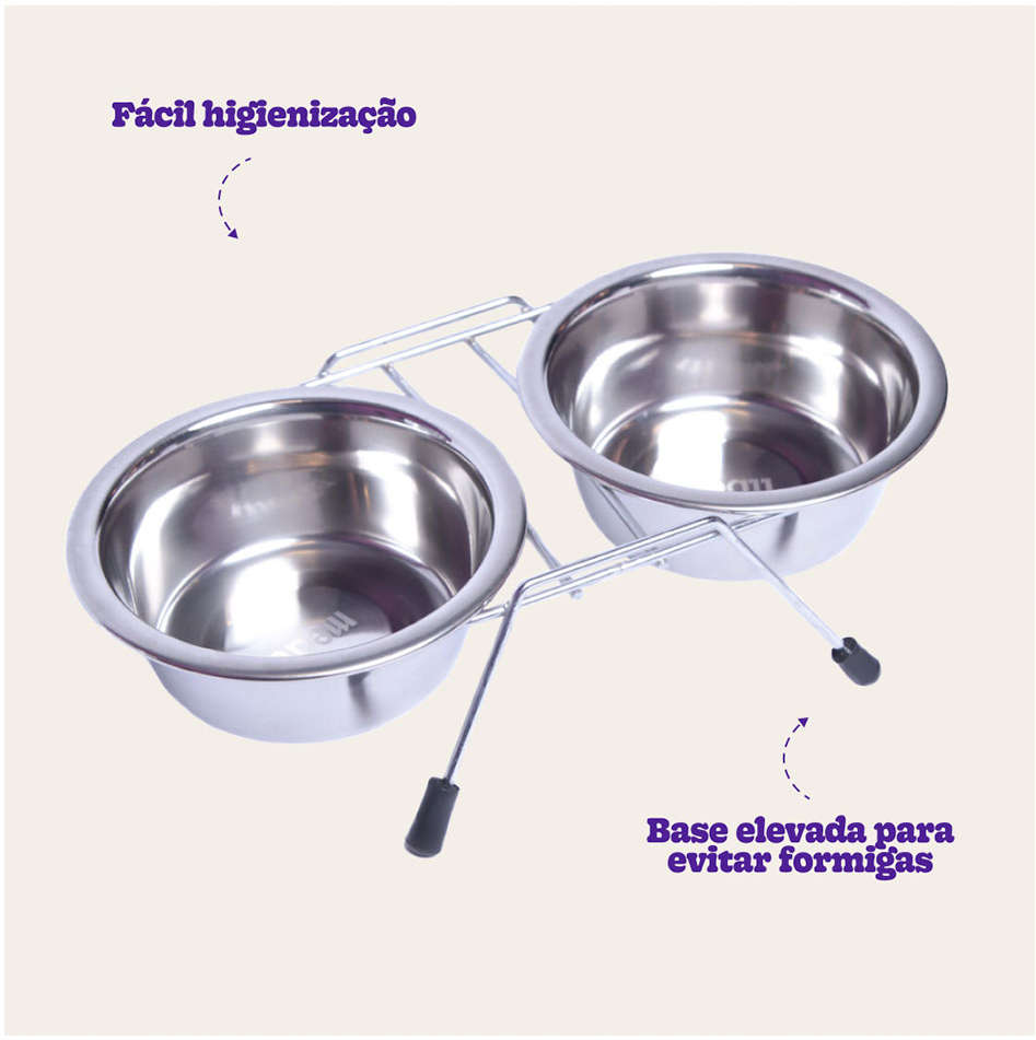 Comedouro e Bebedouro Meau Duplo Inox para Cães e Gatos - 325 mL