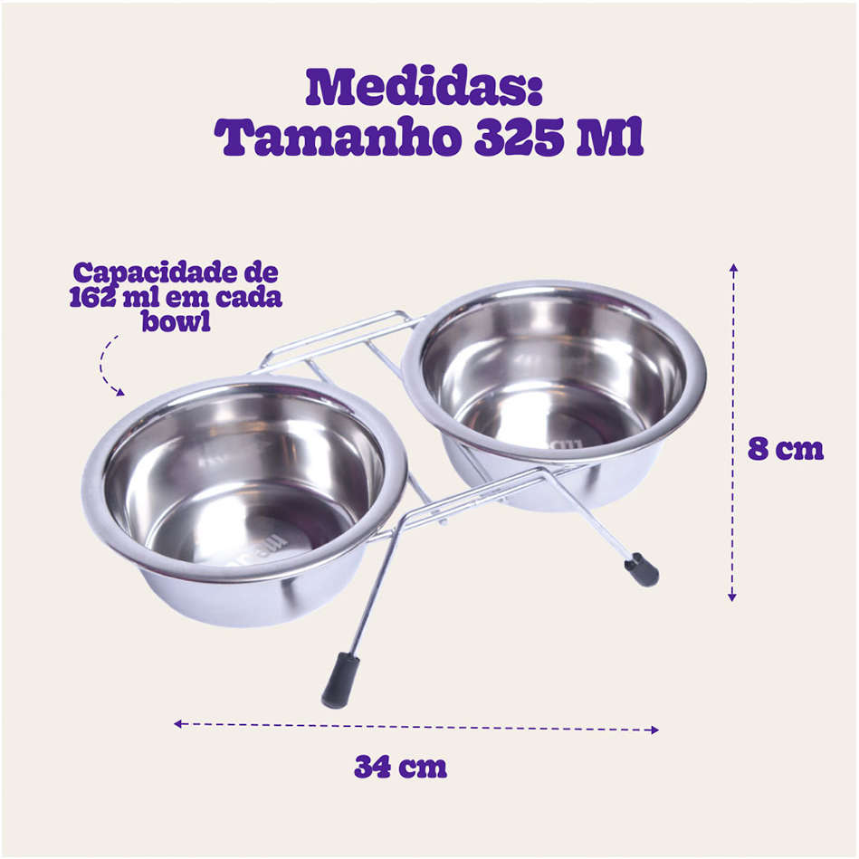 Comedouro e Bebedouro Meau Duplo Inox para Cães e Gatos - 325 mL