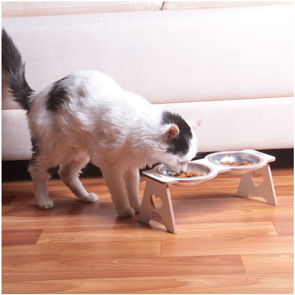 Comedouro Duplo Kroco Branco Elevado Alúminio para Gatos - Tam. Único