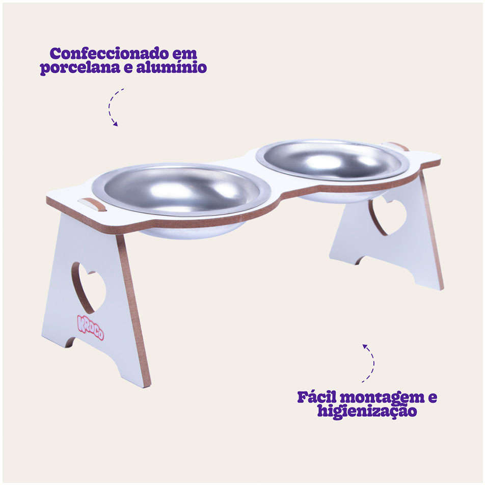 Comedouro Duplo Kroco Branco Elevado Alúminio para Gatos - Tam. Único
