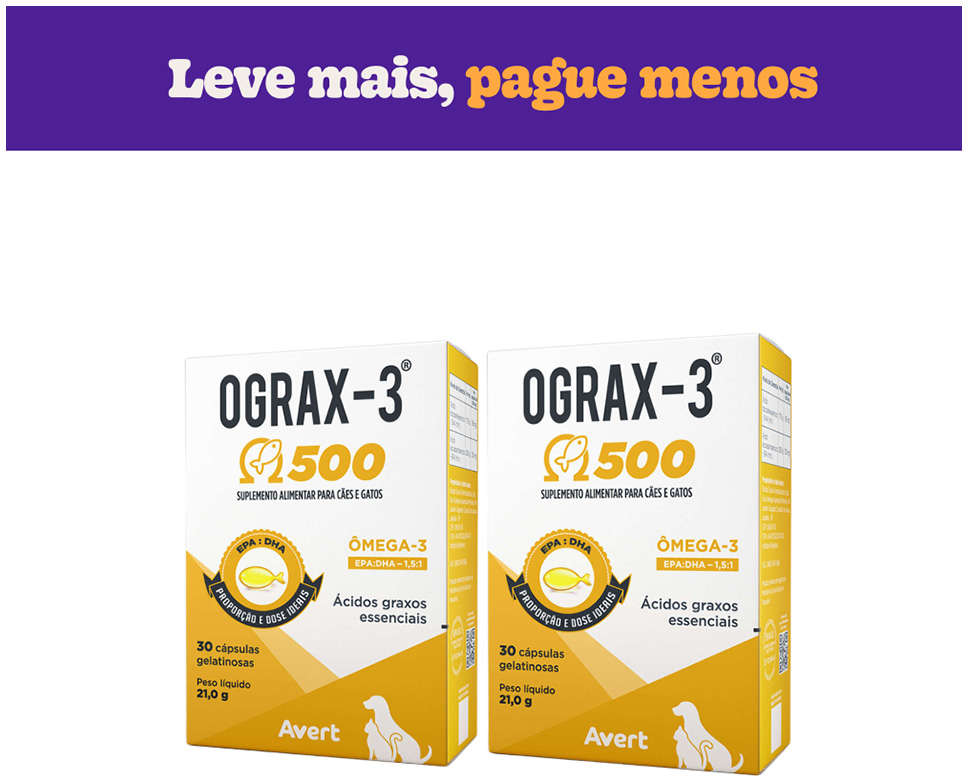 Suplemento Avert Ograx-3 500 para Cães e Gatos 30 Cápsulas - Kit com 2 Unidades