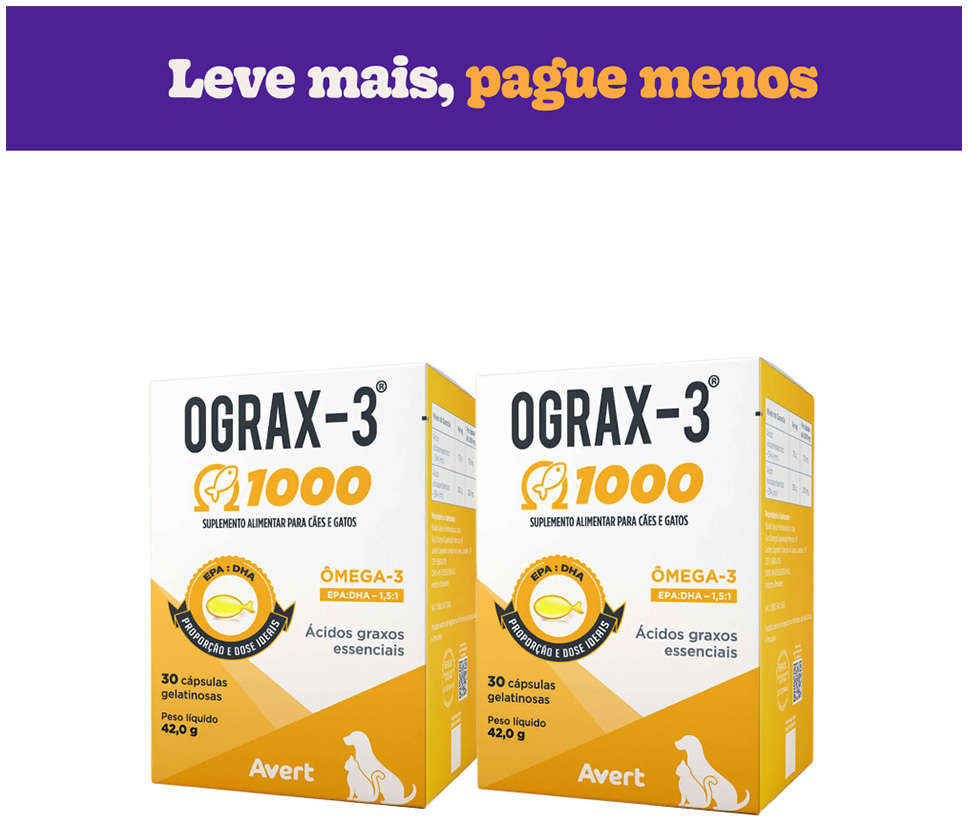 Suplemento Avert Ograx-3 1000 para Cães e Gatos 30 Cápsulas - Kit com 2 Unidades