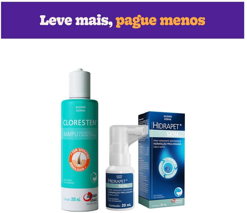 Kit Agener União Shampoo Dr. Clean Cloresten 500 mL e Spray Hidratante Hidrapet Skin On 20 mL - KIT