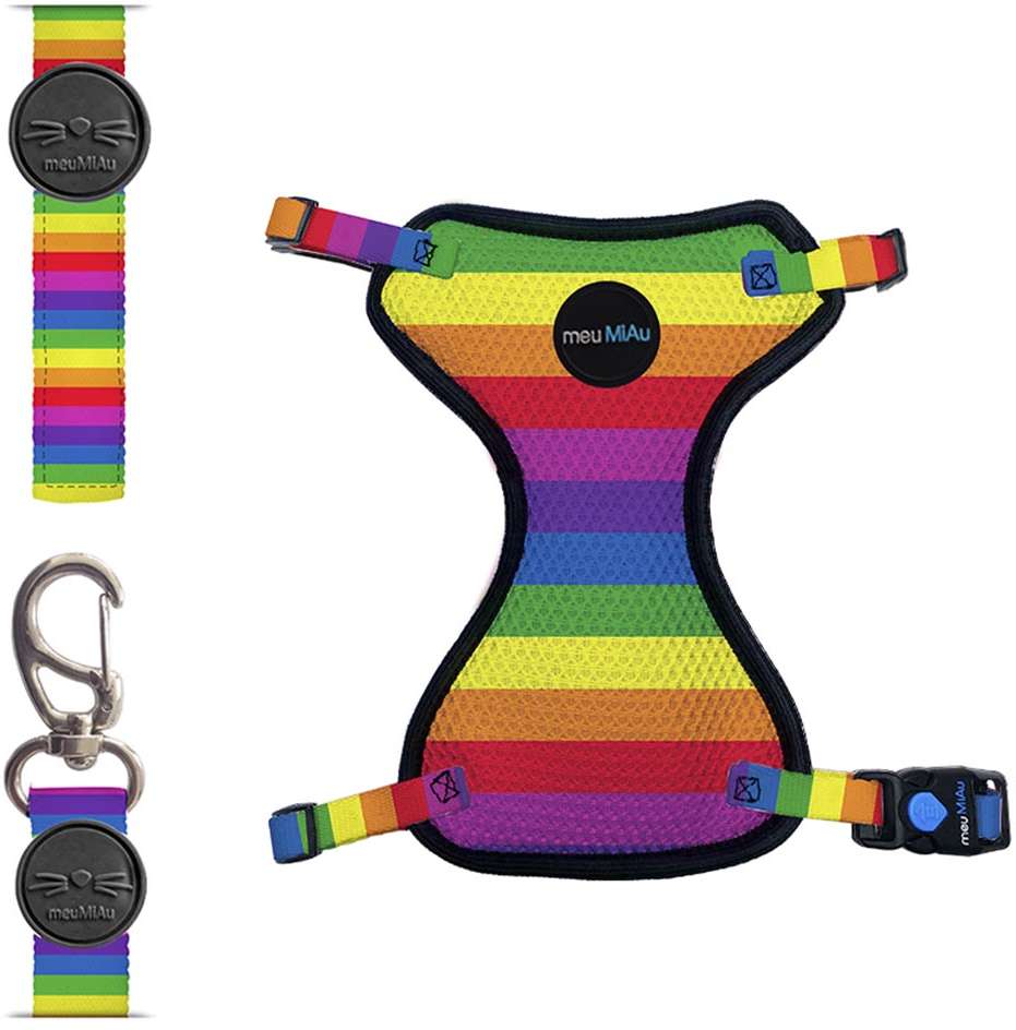 Conjunto Peitoral Style Mesh e Guia Rainbow para Gatos - Tam. Único