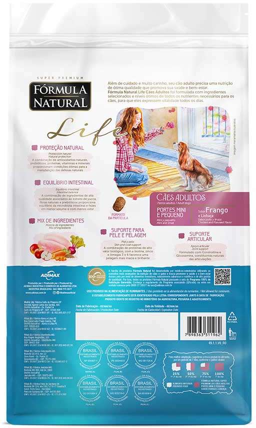 Ração Seca Fórmula Natural Life para Cães Adultos Raças Mini e Pequena sabor Frango e Linhaça - 15Kg