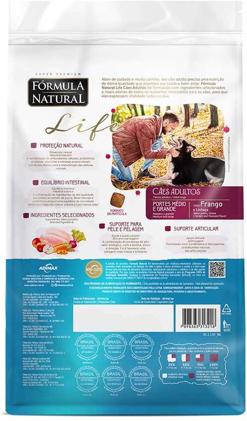 Ração Fórmula Natural Life Super Premium para Cães Adultos de Raças Média e Grande - 15Kg