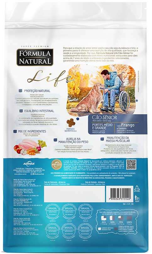 Ração Fórmula Natural Life Super Premium para Cães Sênior Raças Médias e Grandes - 15Kg