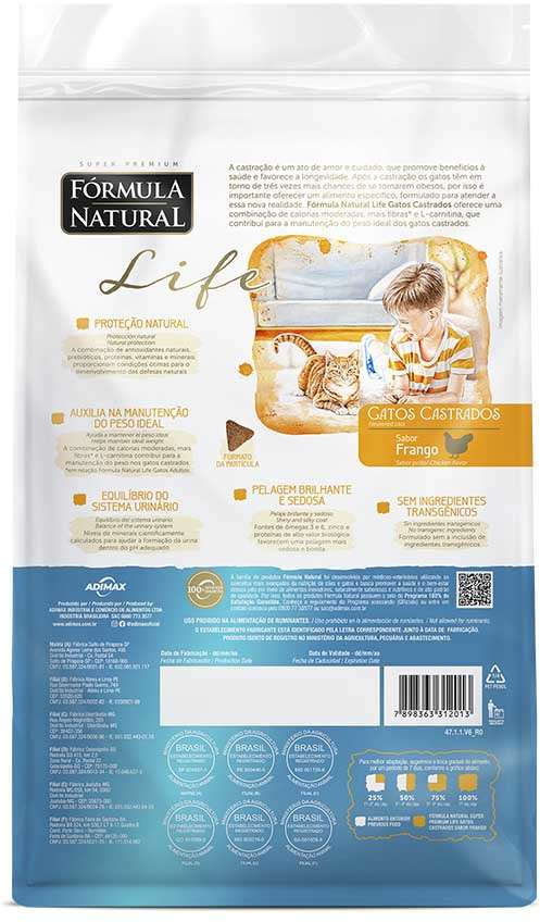 Ração Seca Fórmula Natural Life Sabor Frango para Gatos Adultos Castrados - 10,1Kg