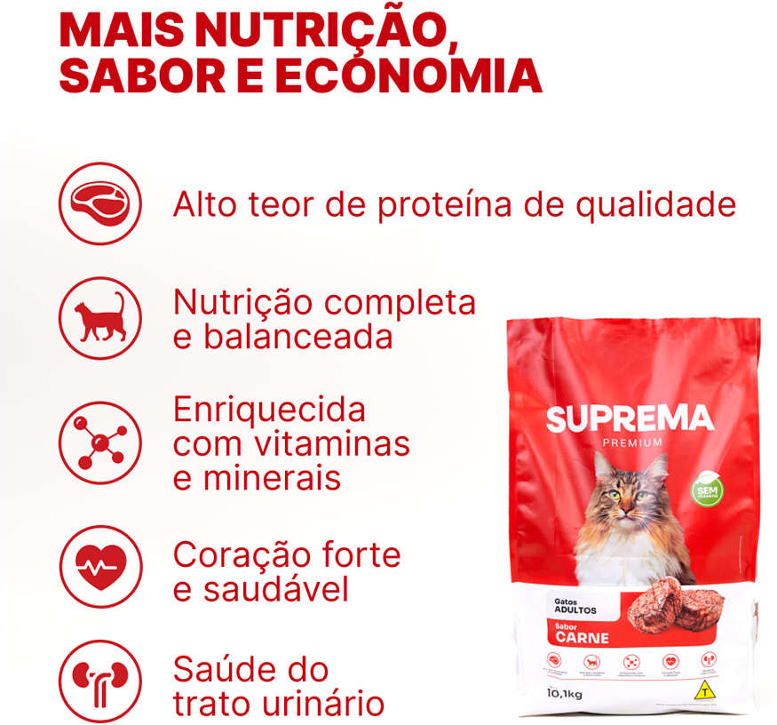 Ração Suprema Sabor Carne para Gatos Adultos - 10,1Kg