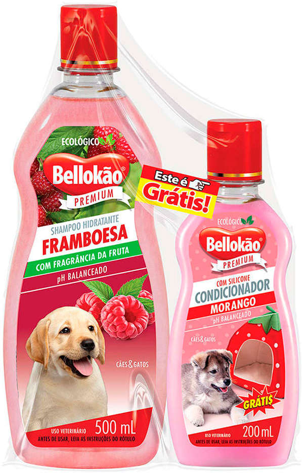 Kit Bellokão Shampoo Framboesa e Condicionador Morango para Cães e Gatos - 500 mL + 200 mL