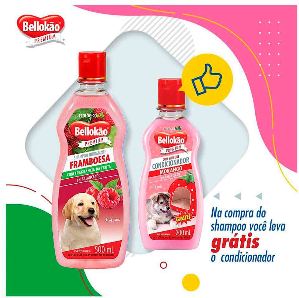 Kit Bellokão Shampoo Framboesa e Condicionador Morango para Cães e Gatos - 500 mL + 200 mL