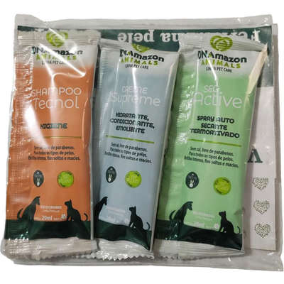 Kit Amostras DNAmazon Petcare Shampoo, Condicionador e Secante para Cães e Gatos