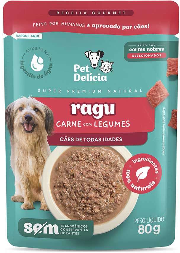 Ração Úmida Pet Delícia Sachê Natural Ragu de Carne com Legumes para Cães - 80 g