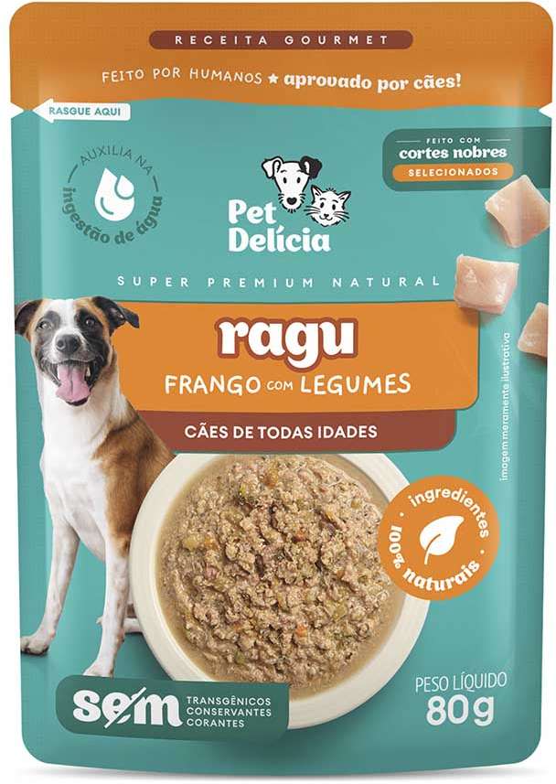 Ração Úmida Pet Delícia Sachê Natural Ragu de Frango com Legumes para Cães - 80 g