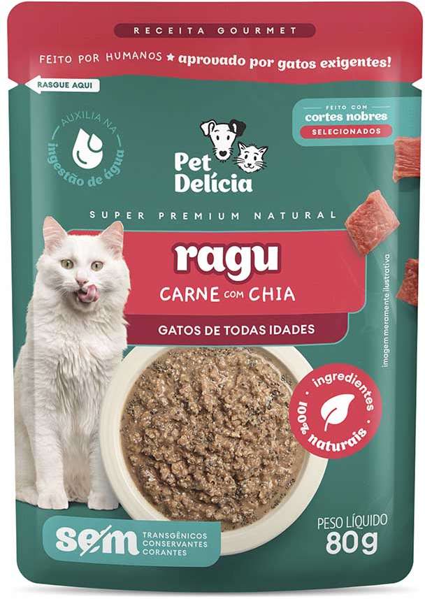 Ração Úmida Pet Delícia Sachê Natural Ragu de Carne com Chia para Gatos - 80 g