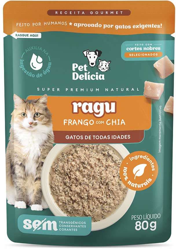 Ração Úmida Pet Delícia Sachê Natural Ragu de Frango com Chia para Gatos - 80 g