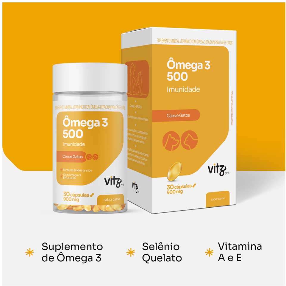 Suplemento Vitz Pet Ômega 3 1000 Sabor Carne 1620 mg para Cães e Gatos - 30 Cápsulas