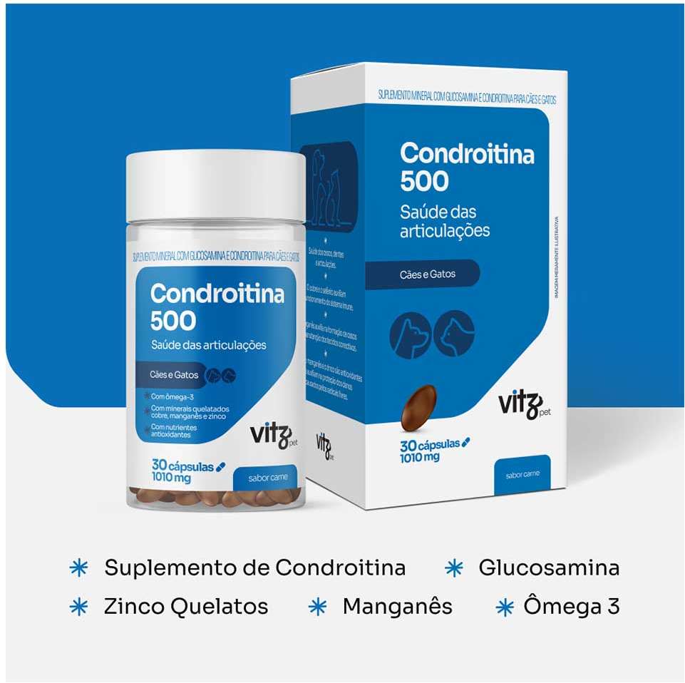 Suplemento Vitz Pet Condroitina 500 Sabor Carne 1010 mg para Cães e Gatos - 30 Cápsulas