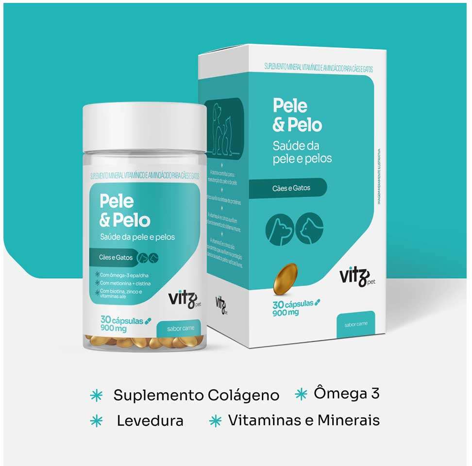 Suplemento Vitz Pet Pele e Pelo Sabor Carne 900 mg para Cães e Gatos - 30 Cápsulas