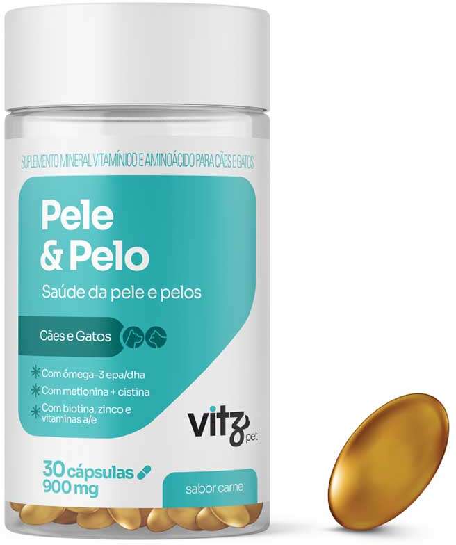 Suplemento Vitz Pet Pele e Pelo Sabor Carne 900 mg para Cães e Gatos - 30 Cápsulas
