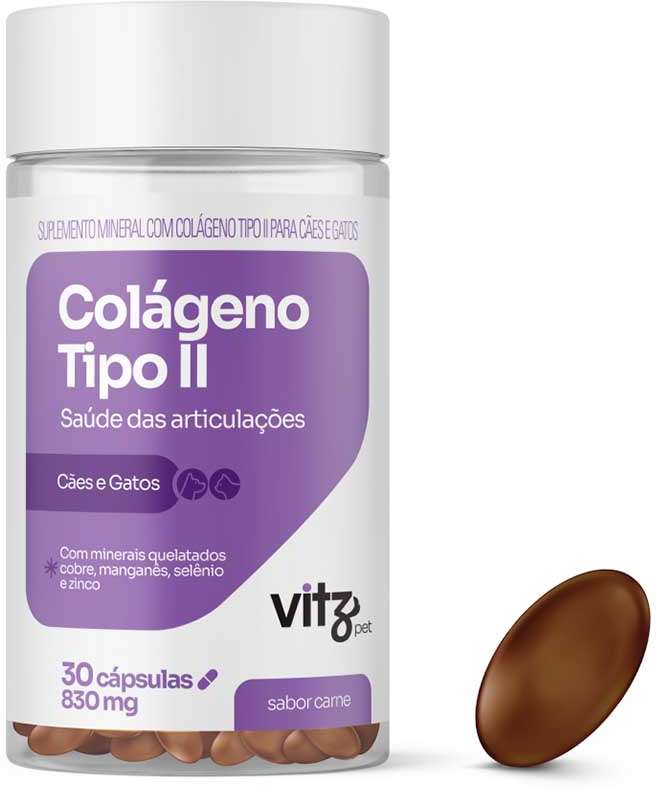 Suplemento Vitz Pet Colágeno II Sabor Carne 830 mg para Cães e Gatos - 30 Cápsulas