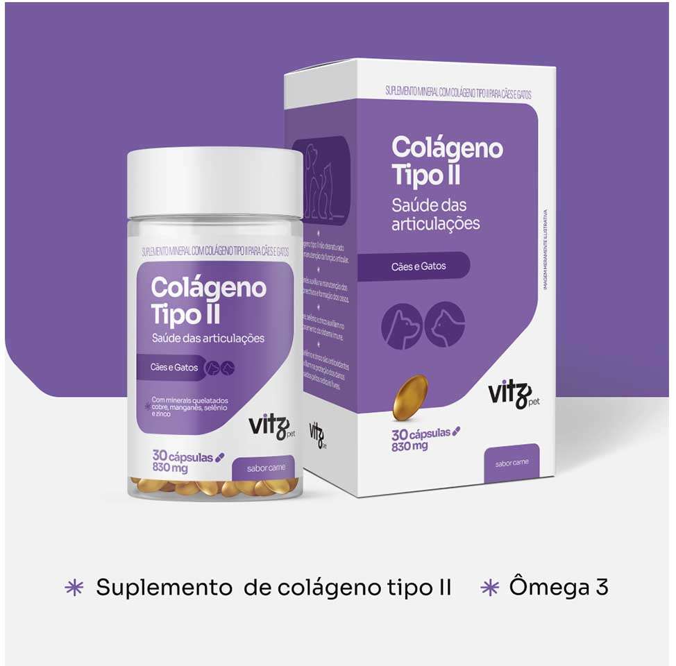 Suplemento Vitz Pet Colágeno II Sabor Carne 830 mg para Cães e Gatos - 30 Cápsulas