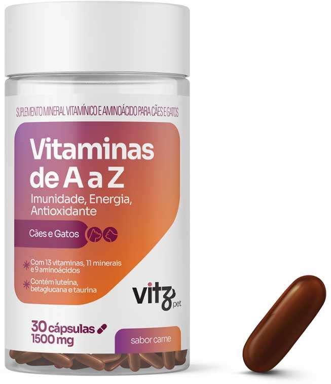 Suplemento Vitz Pet Vitaminas de A a Z Sabor Carne 1500 mg para Cães e Gatos - 30 Cápsulas