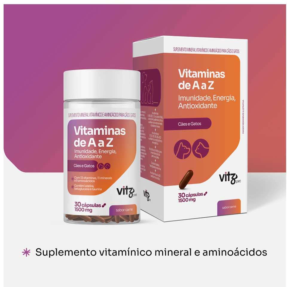 Suplemento Vitz Pet Vitaminas de A a Z Sabor Carne 1500 mg para Cães e Gatos - 30 Cápsulas