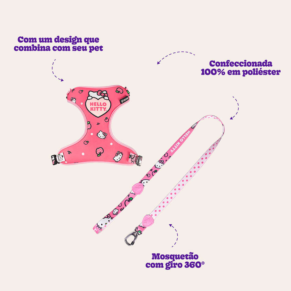 Peitoral Air e Guia Freefaro Hello Kitty para Cães - Tam G