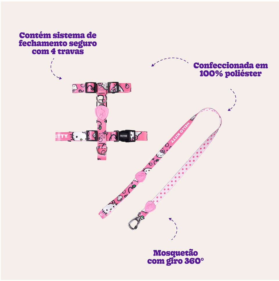 Peitoral H e Guia Freefaro Hello Kitty para Cães - Tam. M