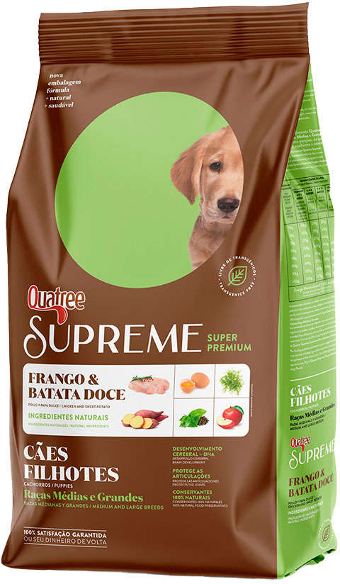 Ração Seca Quatree Supreme Frango e Batata Doce Cães Filhotes Raças Médias e Grandes - 15Kg