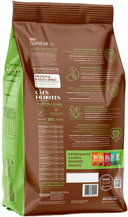 Ração Seca Quatree Supreme Frango e Batata Doce Cães Filhotes Raças Médias e Grandes - 15Kg