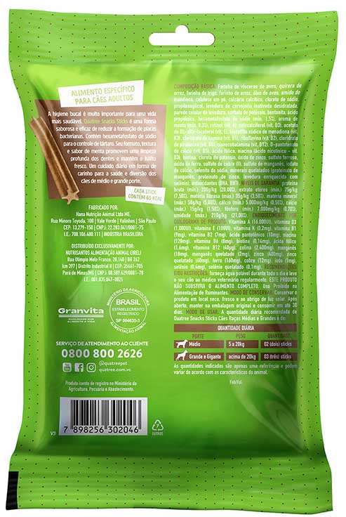 Snack Quatree para Cães Adultos Porte Médio e Grande Sabor Menta - 100g