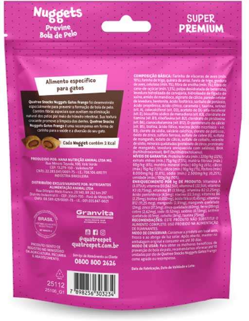 Snack Quatree para Gatos Adultos Sabor Frango Bola de Pelo - 60g
