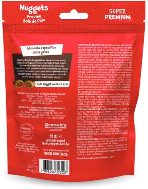 Snack Quatree para Gatos Adultos Sabor Carne Bola de Pelo - 150 g
