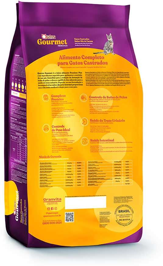 Ração Seca Quatree Gourmet Mix de Carnes Gatos Castrados - 10,1Kg