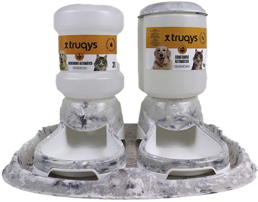 Kit Comedouro e Bebedouro Automático Truqys Pet Com Galão Carrara para Cães e Gatos - KIT