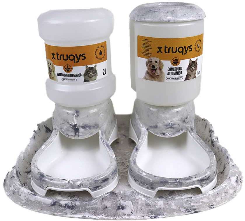 Kit Comedouro e Bebedouro Automático Truqys Pet Com Galão Carrara para Cães e Gatos - KIT