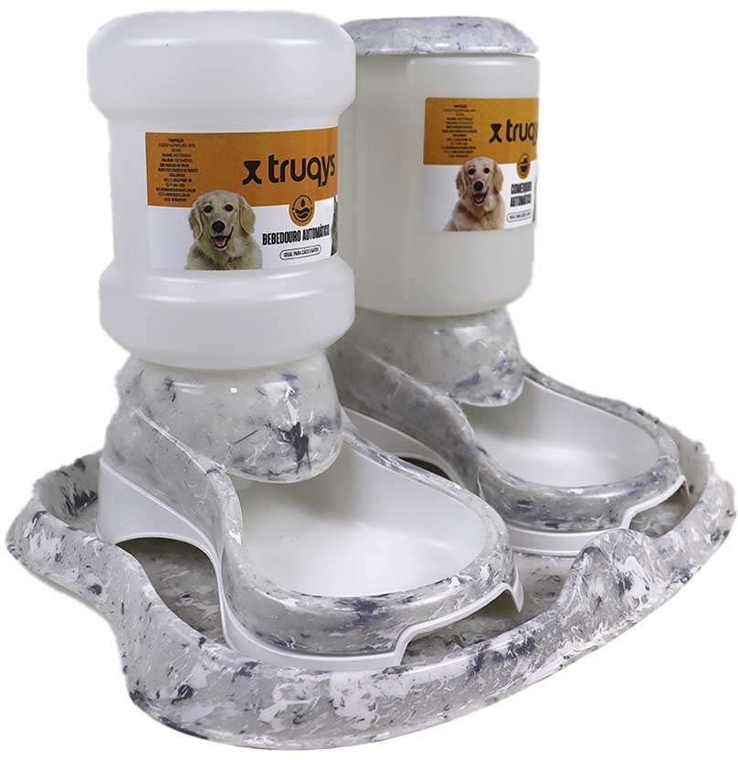 Kit Comedouro e Bebedouro Automático Truqys Pet Com Galão Carrara para Cães e Gatos - KIT
