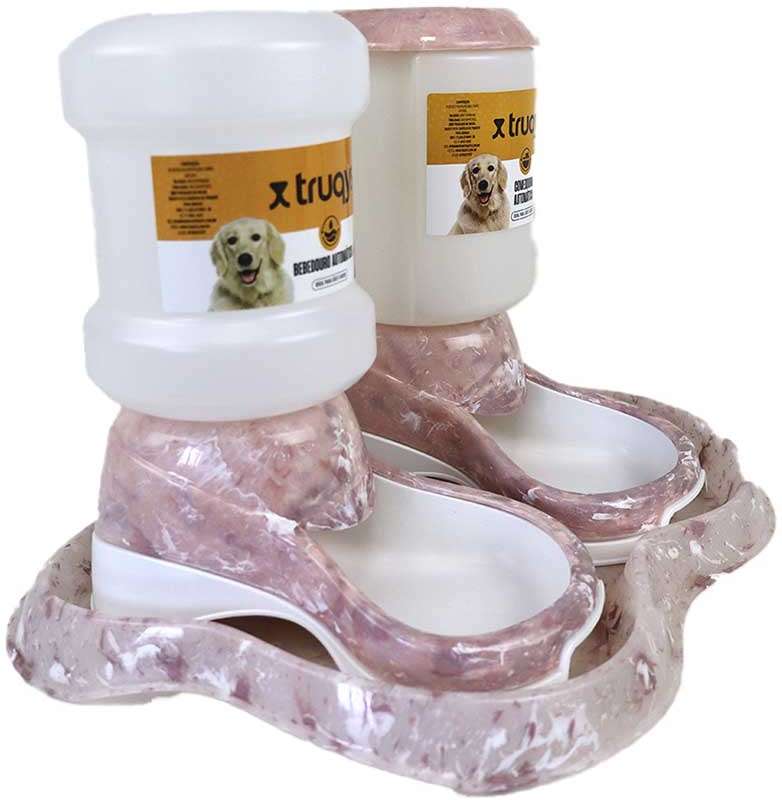 Kit Comedouro e Bebedouro Automático Truqys Pet Com Galão Rosé para Cães e Gatos - KIT