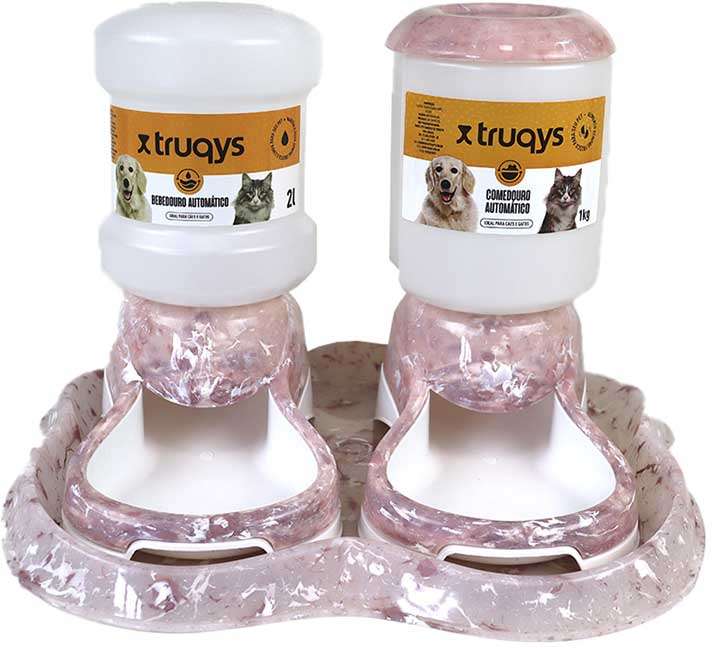 Kit Comedouro e Bebedouro Automático Truqys Pet Com Galão Rosé para Cães e Gatos - KIT