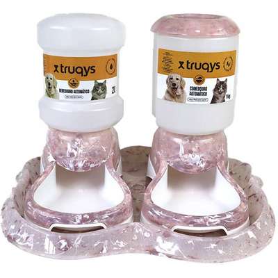 Kit Comedouro e Bebedouro Automático Truqys Pet Com Galão Rosé para Cães e Gatos