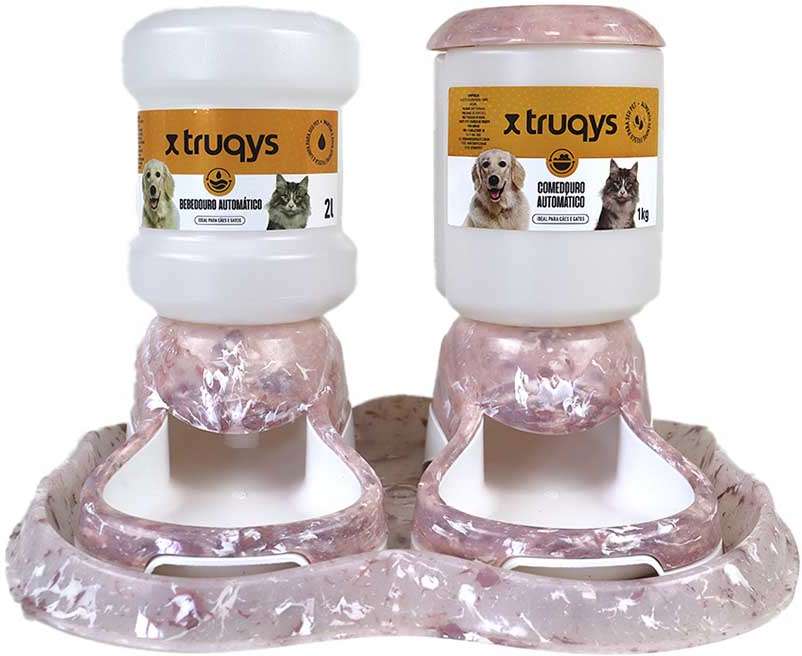 Kit Comedouro e Bebedouro Automático Truqys Pet Com Galão Rosé para Cães e Gatos - KIT