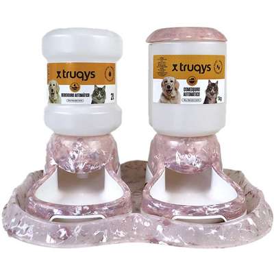 Kit Comedouro e Bebedouro Automático Truqys Pet Com Galão Rosé para Cães e Gatos